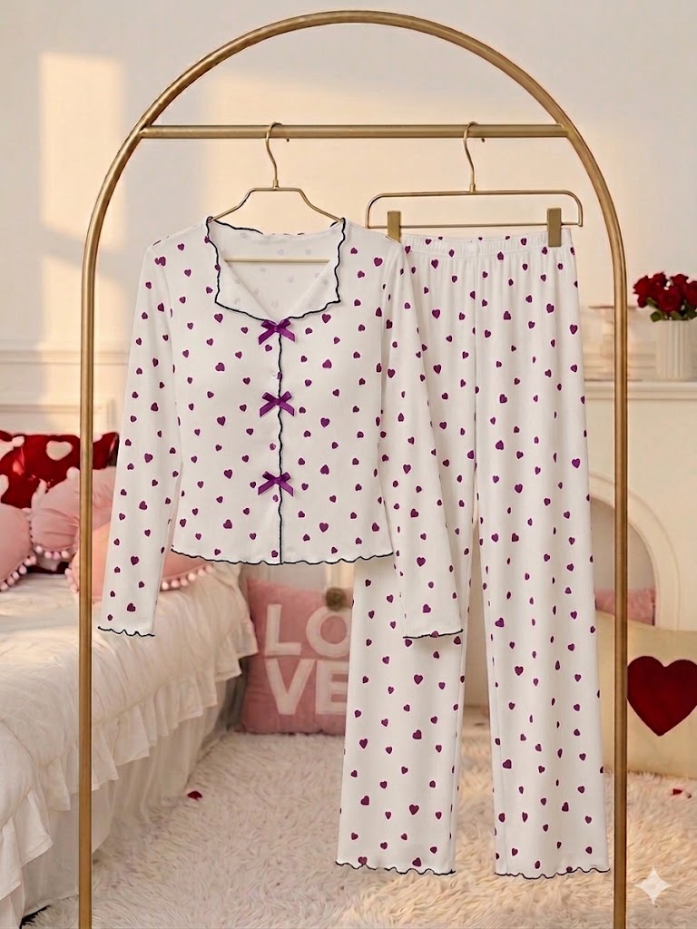 Milky Silk Heart-Print Ribbed Nightwear Set – 2 Piece Pajama Set D0443