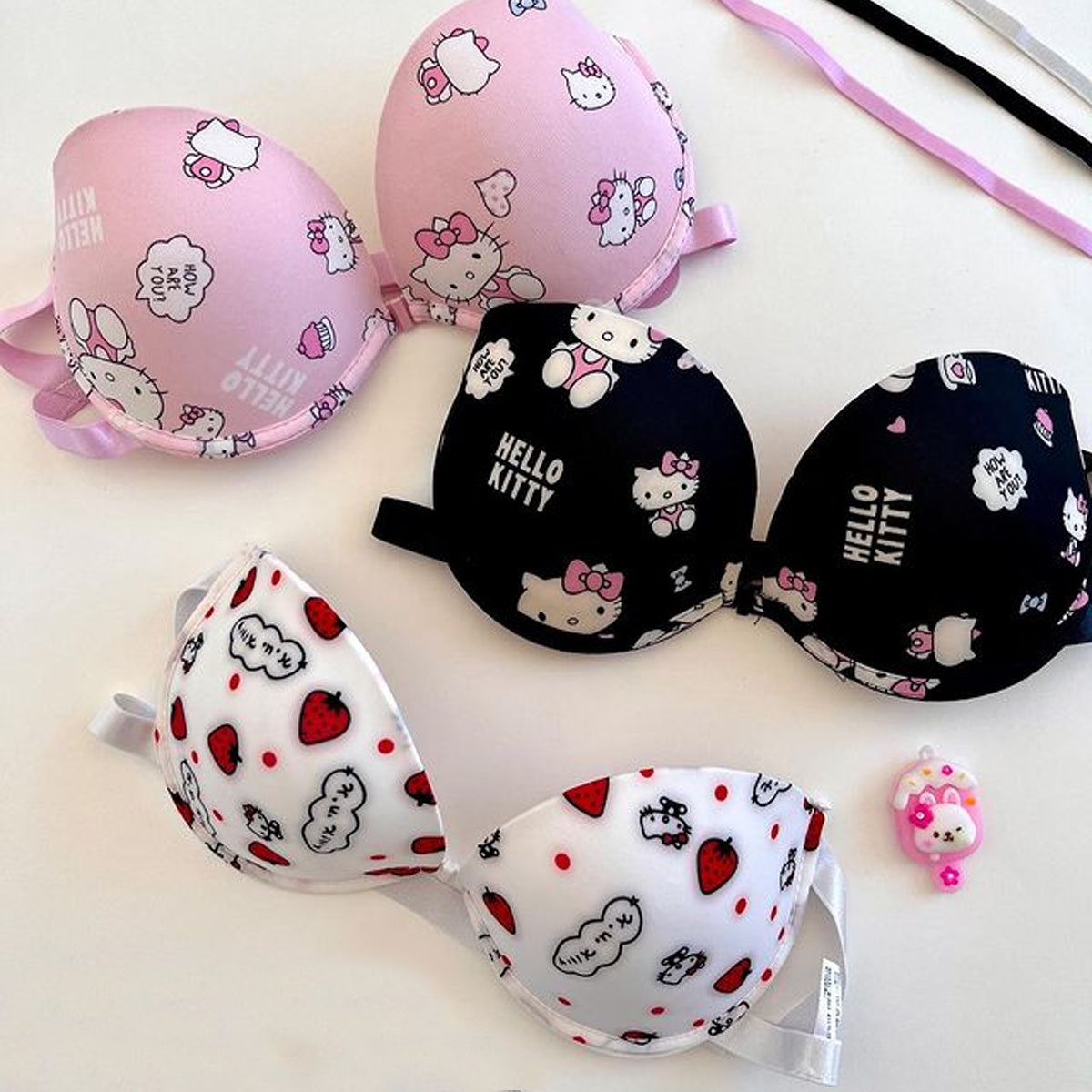 Flourish High Quality Front Open 4 In 1 Push-up Hello Kitty Print Adjustable Straps Bra Panty Set 016