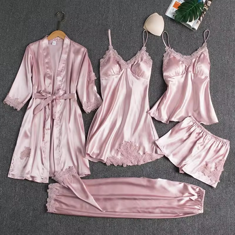 Flourish 5 pcs Non Padded Silk Satin Pajama Set Cami Top Nightgown Sexy Sleepwear Robe Sets Lace Nightdress