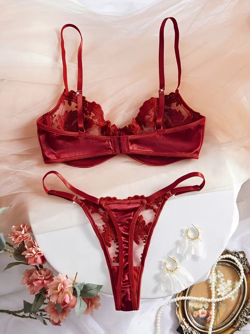 Flourish Sexy Elegant Flower Lace Lingerie Set Women's Halloween Costume Sexy Maroon Floral Embroidered Lingerie Set, Semi-Sheer Underwire Bra and Adjustable Thong 6066