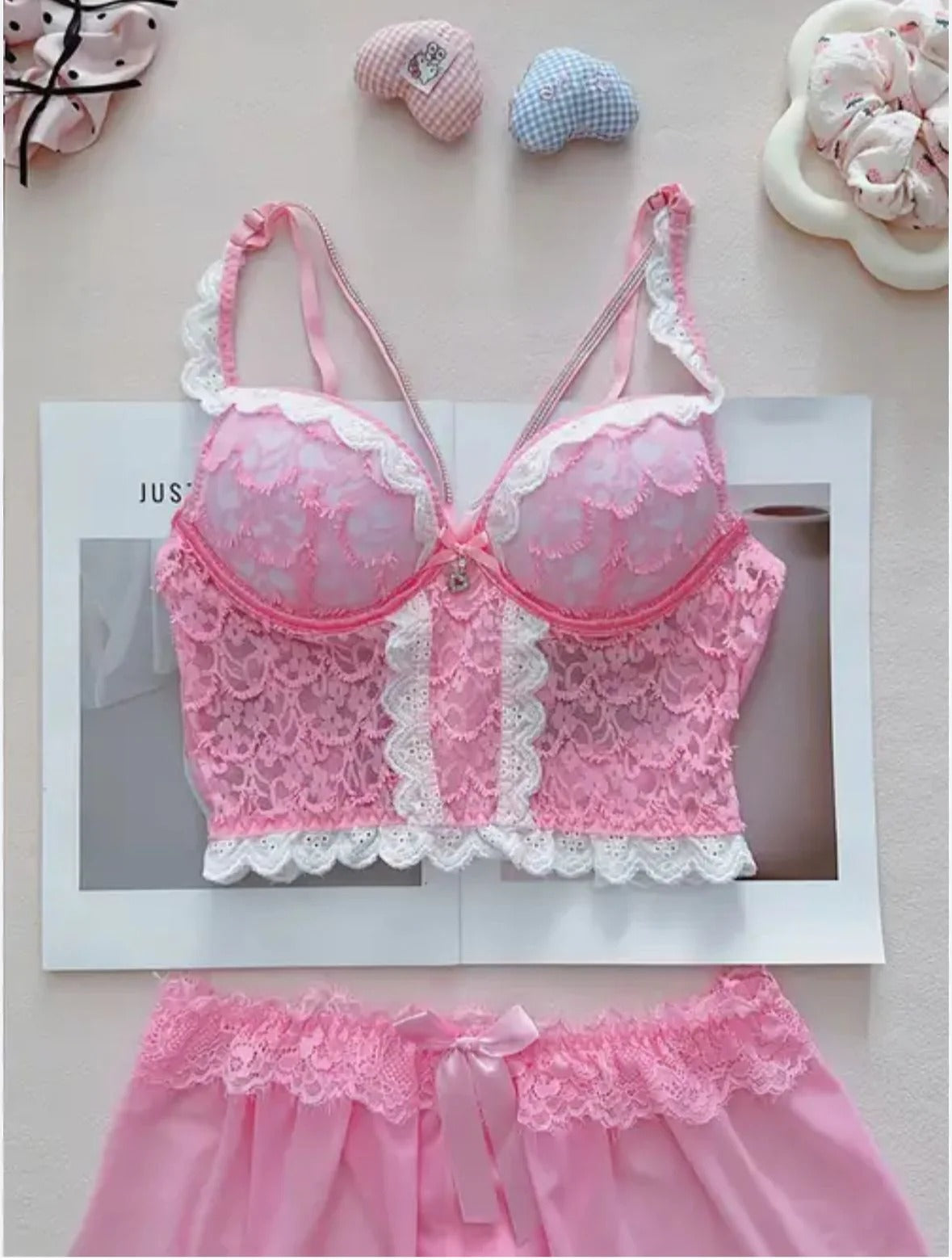 Flourish Pink Lace Corset Bra Set – Elegant Wired Bustier with Matching Lace Skirt & Panty