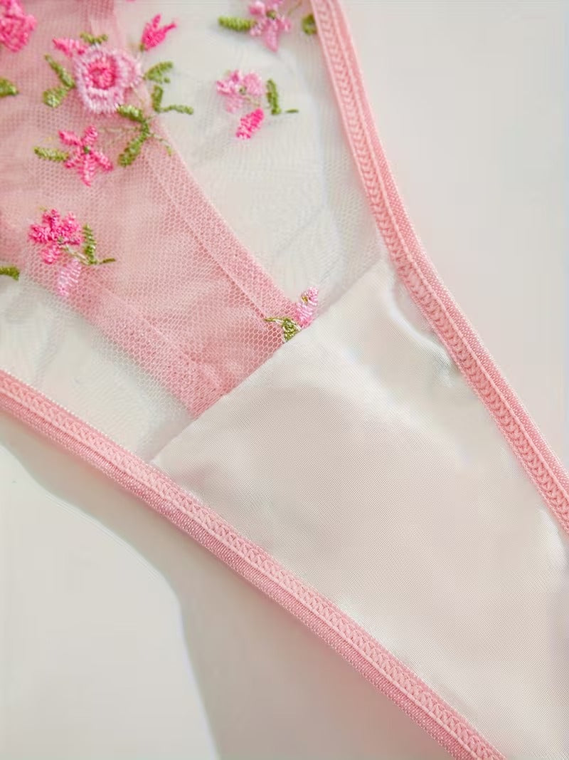 Flourish Non-Padded Floral Wired Bra & Panty Set – Blossom Charm Pink Embroidered Sheer Lingerie 9987