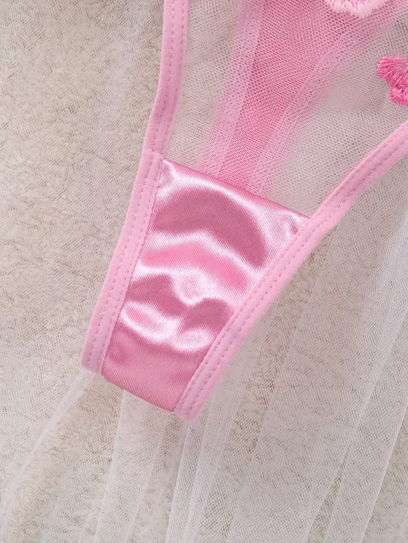 Flourish Sexy Premium Non-Padded Wired Floral Embroidered Bra & Thong Set – Luxury Pink Mesh Lingerie 50121