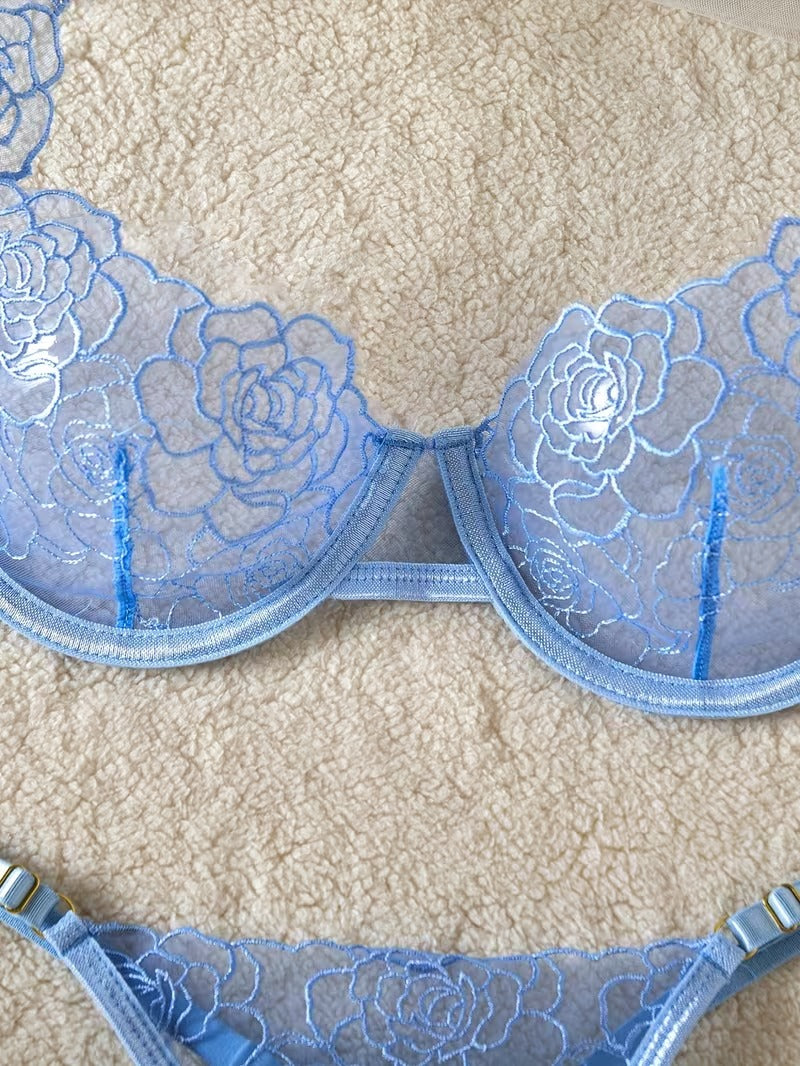 Flourish New Style Sexy Elegant Flower Lace Lingerie Set Non Padded Wired bra – Soft Mesh Floral Embroidered Bra & Panty L2201