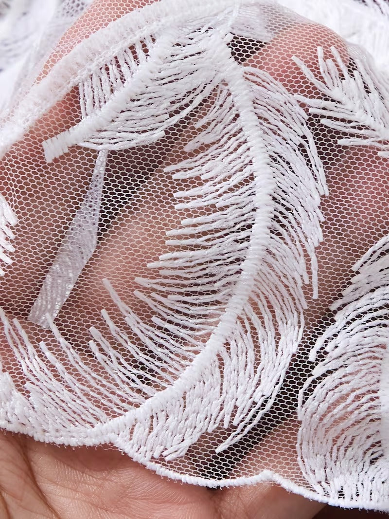 Flourish Non Padded Wired bra Pure Elegance White Floral Lace Lingerie Set – Sheer Mesh Embroidered Bra & Panty feather pattern MSL40316