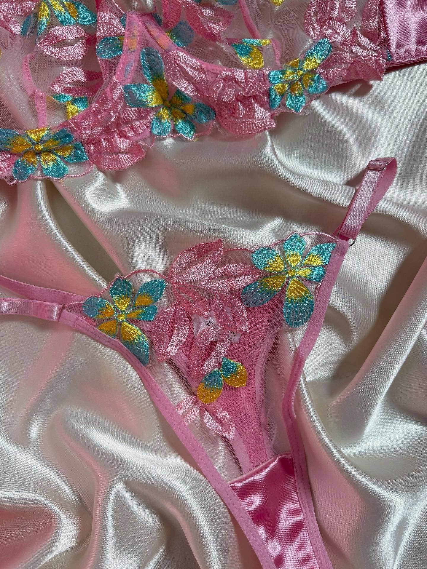Flourish Sexy Pink Floral Embroidered Lingerie Set – Sheer Mesh Non-Padded Wired Bra & Panty 49353