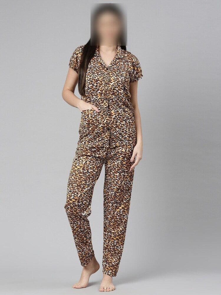 New Satin Cheetah Print Shirts And Pajamas Sets Half Sleeve Sets Sexy Nighty Two Pieces Set 9921