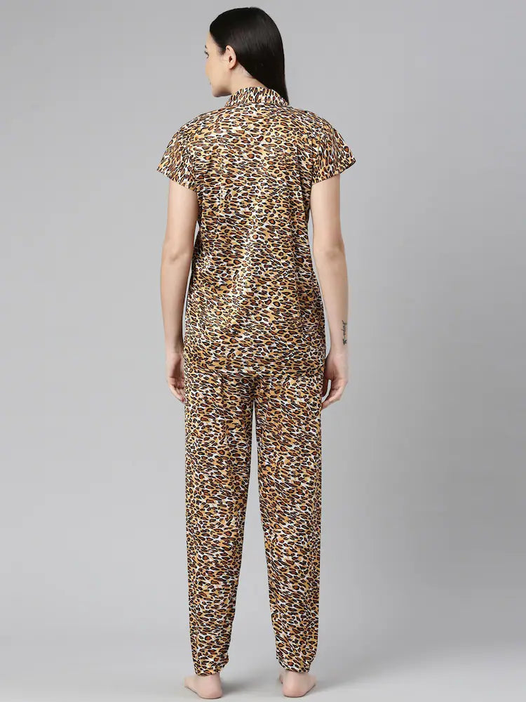 New Satin Cheetah Print Shirts And Pajamas Sets Half Sleeve Sets Sexy Nighty Two Pieces Set 9921