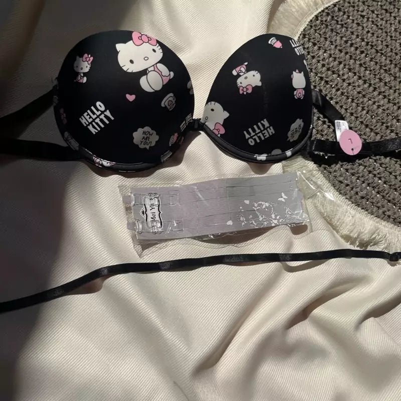 Flourish High Quality Front Open 4 In 1 Push-up Hello Kitty Print Adjustable Straps Bra Panty Set 016
