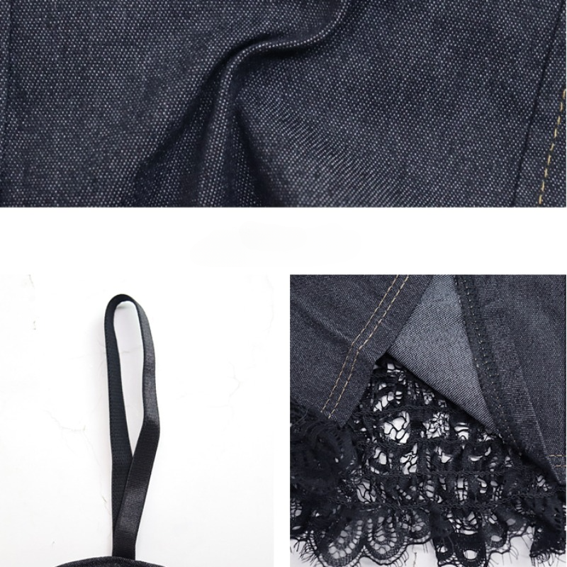 Flourish Ladies Imported Denim Tops Women Denim Vest Camisole Cropped Tank Top Shirt Bra Lace Splice Party Clubwear