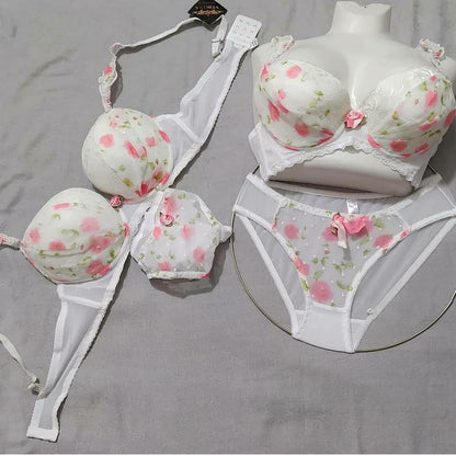 New High Quality Cute Lace Flower Adjustable Straps Push Up Bridal Padded Bra And Panty Set  E1813