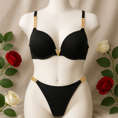 Flourish High Quality New Style Chain Straps Front Metal V buckel Bra & Panty Set 195