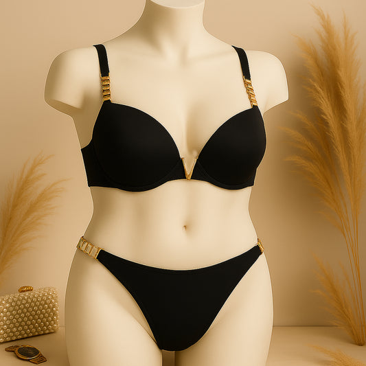 Flourish High Quality New Style Chain Straps Front Metal V buckel Bra & Panty Set 195