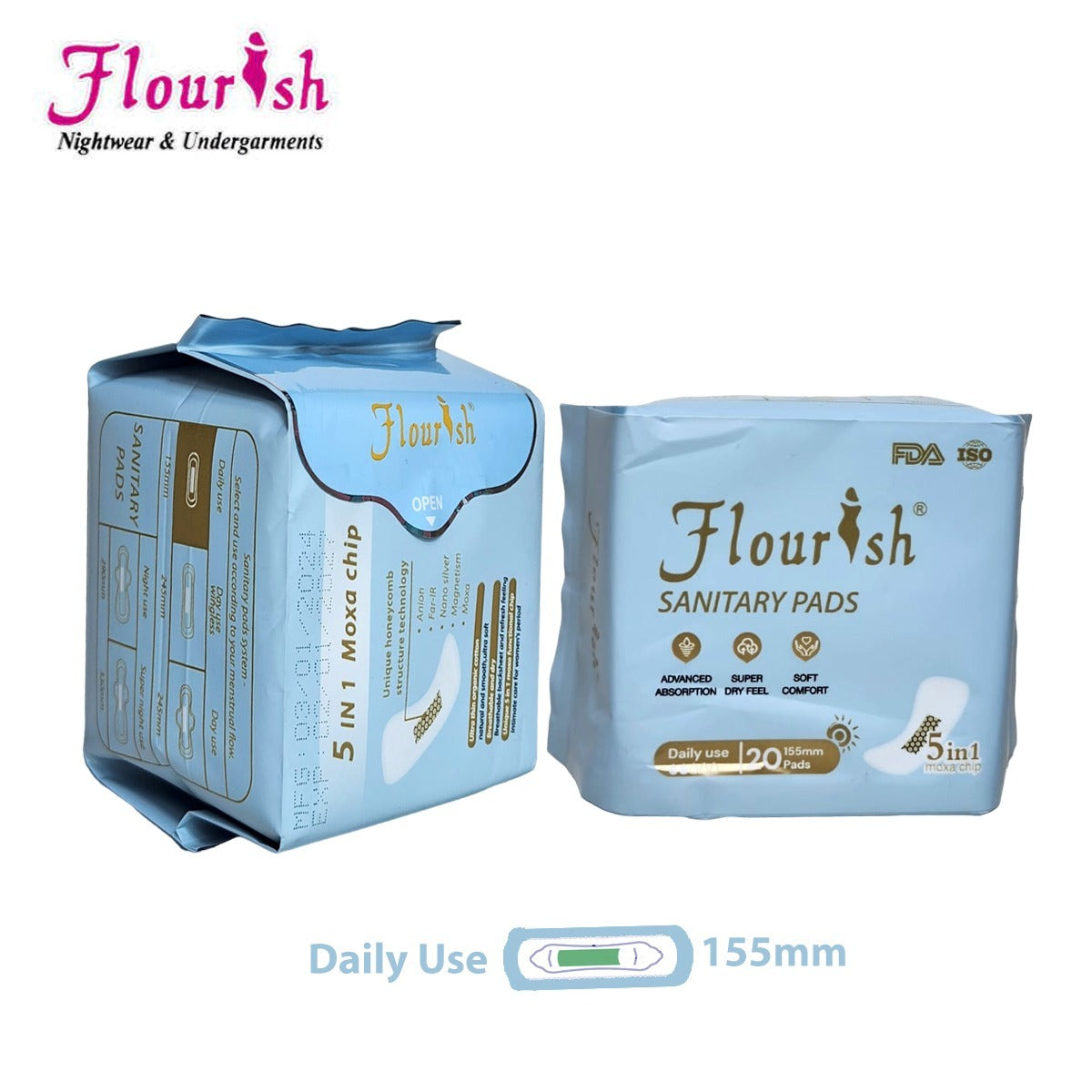 FLOURISH 155mm WINGLESS DAILY USE SANITARY PADS FOR GIRLS & WOMEN 20 P ...