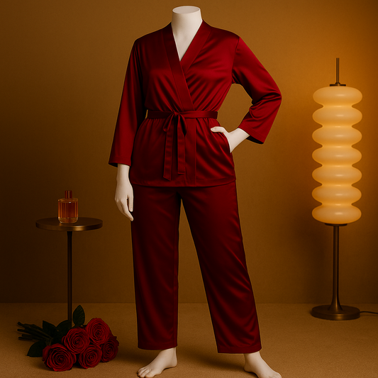 Flourish Satin Robe Nightwear Set – Elegant Black 2-Piece Loungewear with Waist Belt