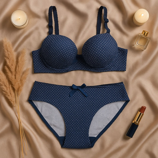 Flourish Wired Dotted Printed Double Padded Bra & Panty Set – Adjustable Straps, Everyday Comfort Lingerie