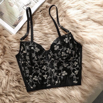 Flourish Lux Embroidered Black Mesh Bralette & Panty Set – Gold Floral Detailing | Elegant Lingerie for Women