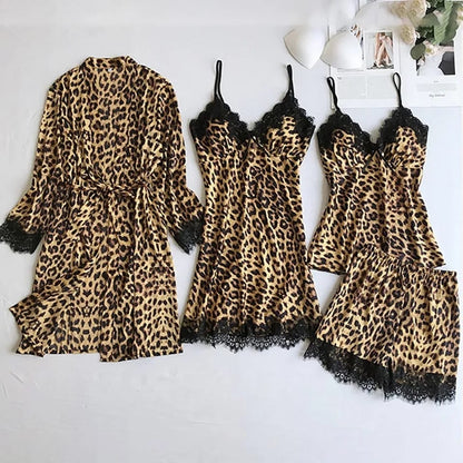 Flourish  High Quality 4pcs Padded Bridal Cheetah Printed Nightwear 1155