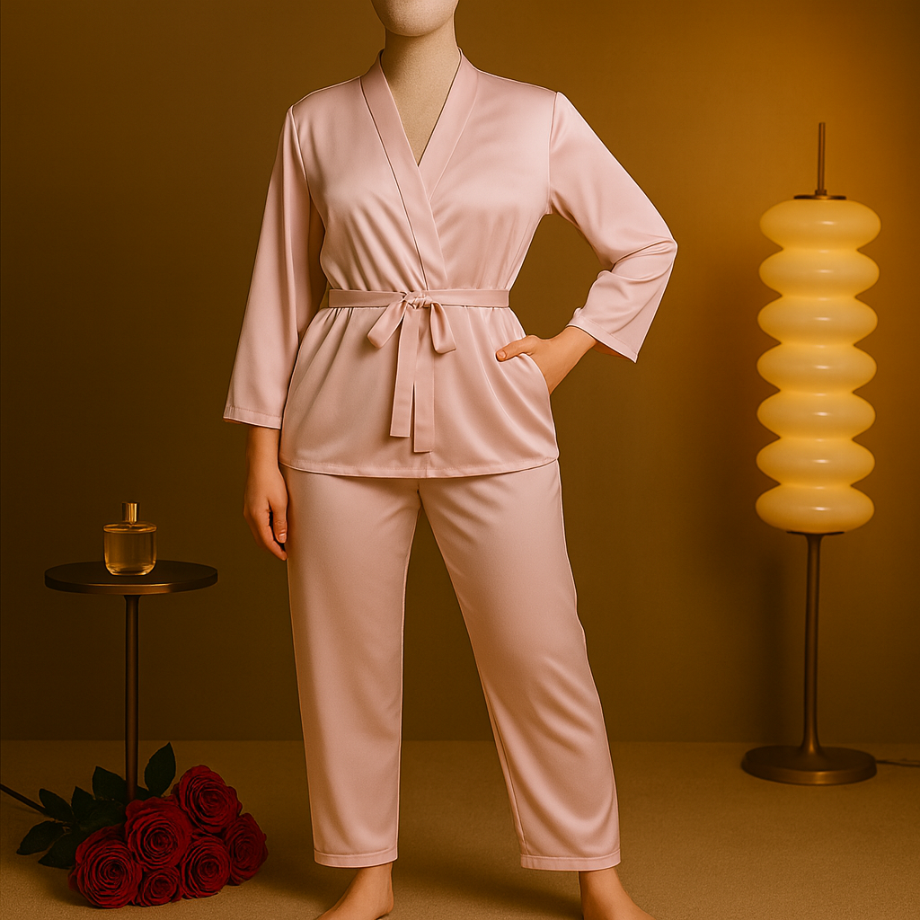 Flourish Satin Robe Nightwear Set – Elegant Black 2-Piece Loungewear with Waist Belt