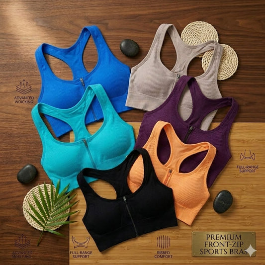 Pack of 3 Ribbed Padded Front Zip Sports Bras – Breathable Activewear