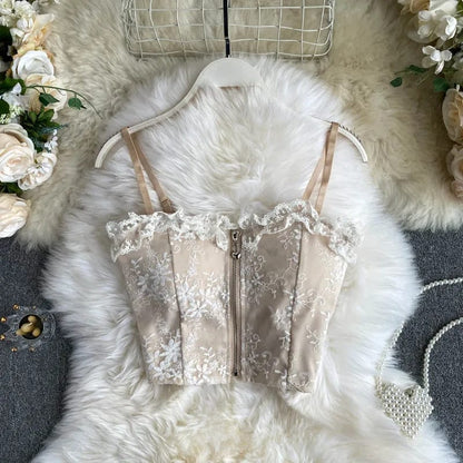 Flourish New High Quality Lace Embroidered Cute Front Zipper Crop Top 3026