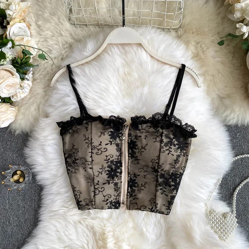 Flourish New High Quality Lace Embroidered Cute Front Zipper Crop Top 3026