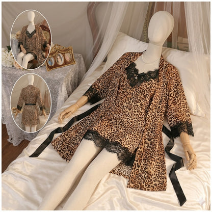 Flourish Wild Grace: 2-Piece Leopard Print Satin Robe & Chemise Set - Art: 2502-1-K