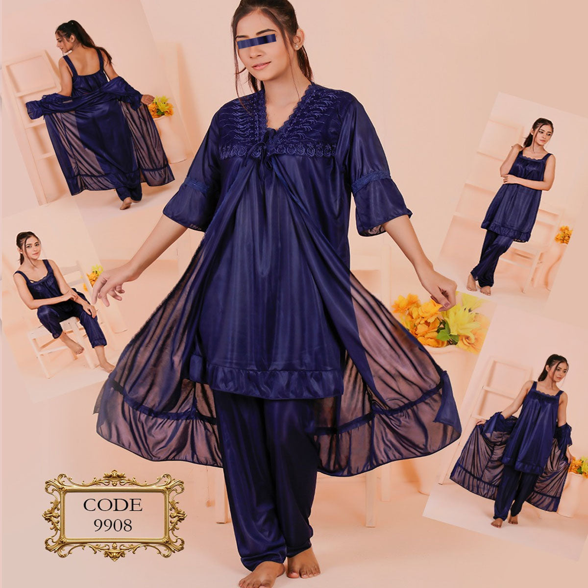Flourish 3 pcs High Qaulity Silk Bridal Gown + Inner And Pajama Set 9908