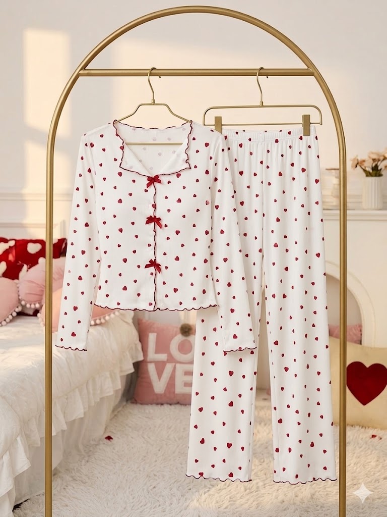 Milky Silk Heart-Print Ribbed Nightwear Set – 2 Piece Pajama Set D0443