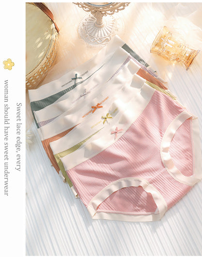 Pack of 5 Soft Ribbed High-Waist Cotton Panties for Women – Seamless Edges, Contrast Lace Trim & Cute Bow Detail – CS18