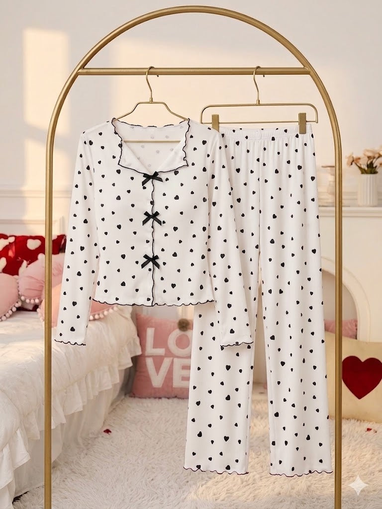Milky Silk Heart-Print Ribbed Nightwear Set – 2 Piece Pajama Set D0443