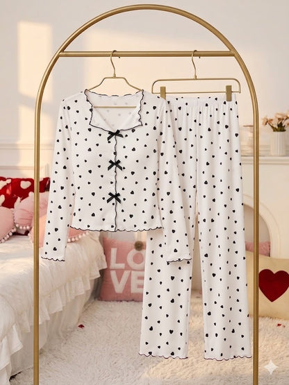 Milky Silk Heart-Print Ribbed Nightwear Set – 2 Piece Pajama Set D0443