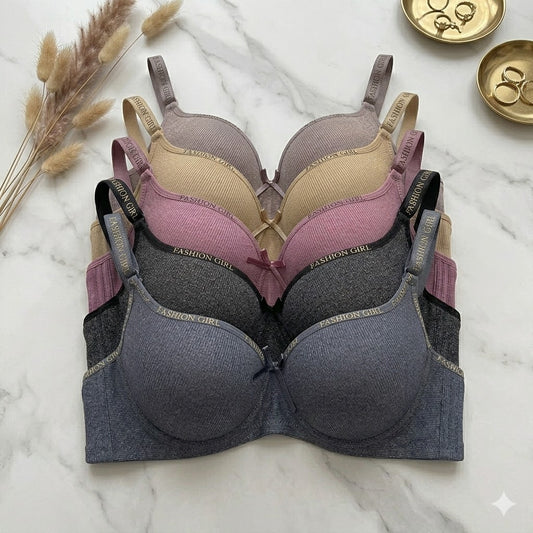Flourish Pack Of 2 Premium Ribbed Lining Padded Smooth Fit Wired Padded Bra with Soft Support Net Straps Elegant Finish 8754
