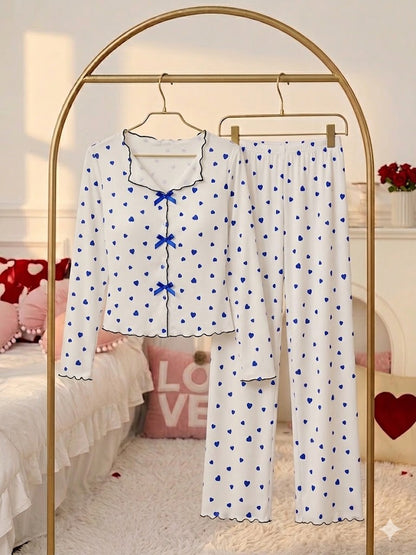 Milky Silk Heart-Print Ribbed Nightwear Set – 2 Piece Pajama Set D0443