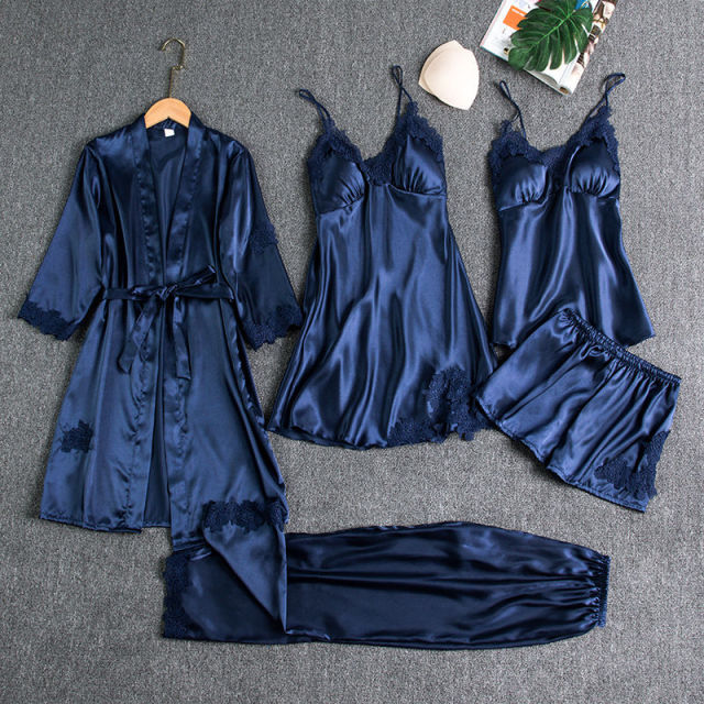 Flourish 5 pcs Non Padded Silk Satin Pajama Set Cami Top Nightgown Sexy Sleepwear Robe Sets Lace Nightdress