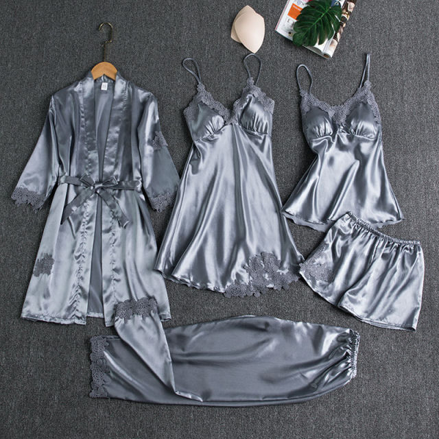 Flourish 5 pcs Non Padded Silk Satin Pajama Set Cami Top Nightgown Sexy Sleepwear Robe Sets Lace Nightdress