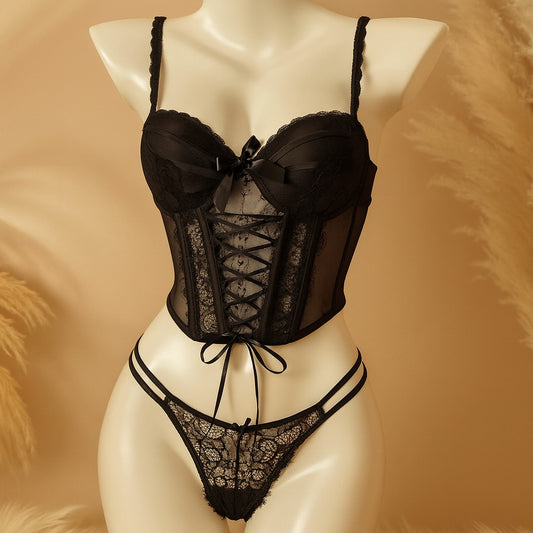 Lace Lingerie Set – Corset Style Bra & Panty with Adjustable Straps F12