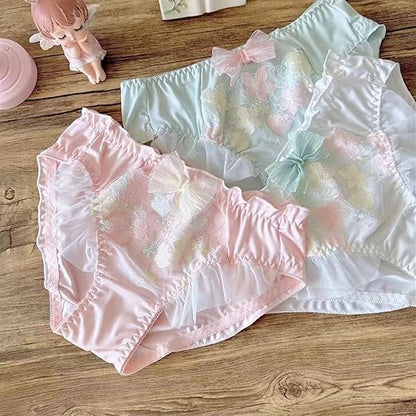 Flourish Pastel Pink Floral Embroidered Bra & Panty Set | Delicate Ruffle & Bow Design