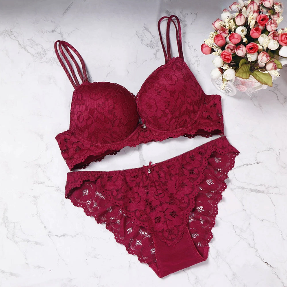 Flourish Elegant Lace Bra & Panty Set – Push Up & Double Padded Comfort with Floral Detailing (8855)