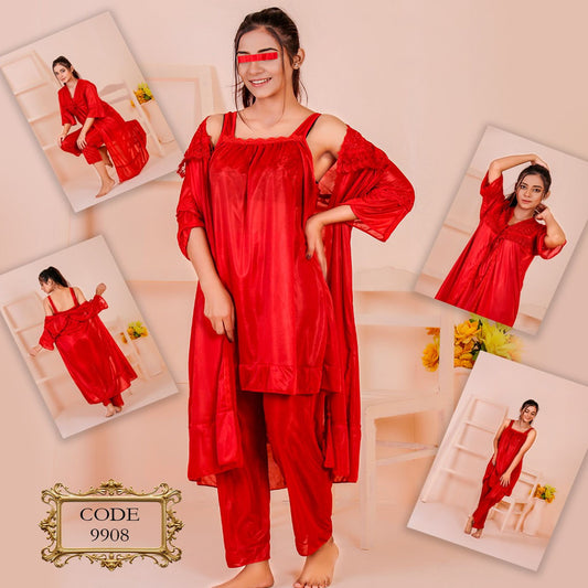 Flourish 3 pcs High Qaulity Silk Bridal Gown + Inner And Pajama Set 9908