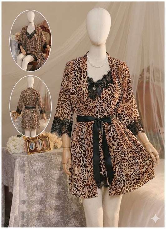 Flourish Wild Grace: 2-Piece Leopard Print Satin Robe & Chemise Set - Art: 2502-1-K