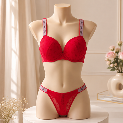 Red Lace Padded Bra & Thong Lingerie Set with Designer Straps