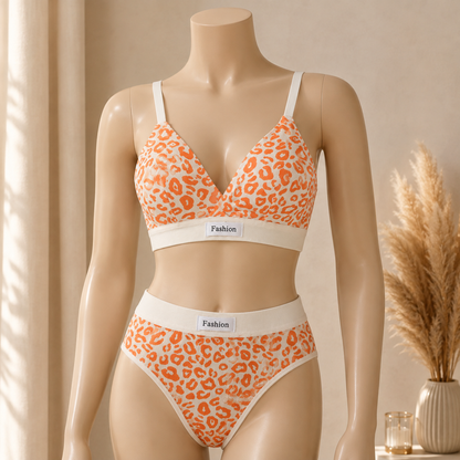 Orange Leopard Print Bra & Panty Set – Stylish Printed Lingerie Set