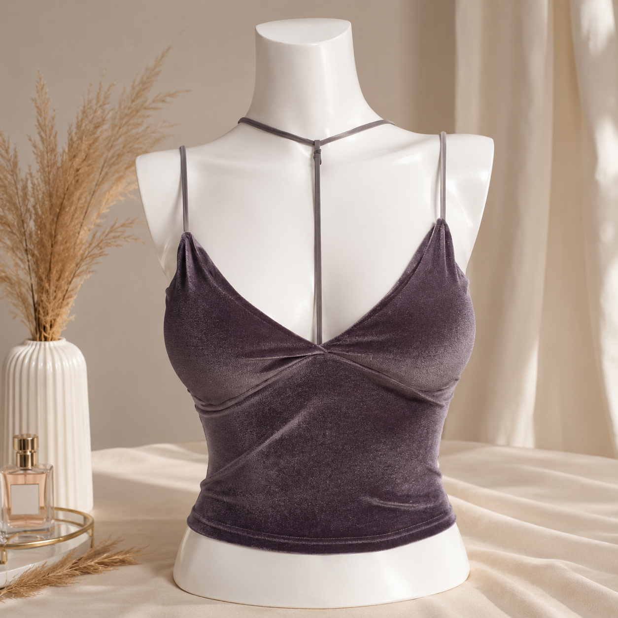 Deep Plum Velvet Camisole – Stylish Twist Front Sleeveless Top