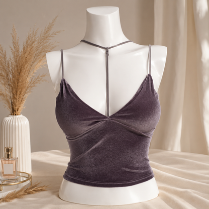 Deep Plum Velvet Camisole – Stylish Twist Front Sleeveless Top