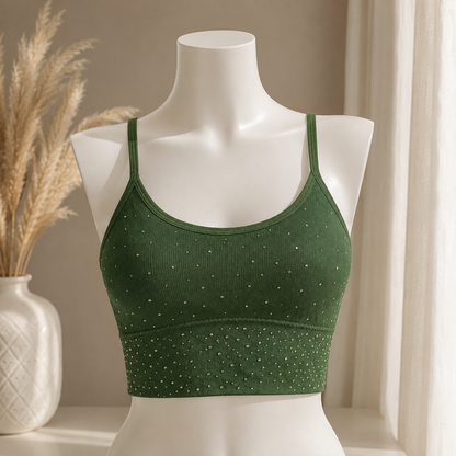 Elegant Olive Green Rhinestone Crop Top