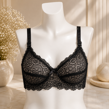 Black Floral Lace Non-Padded Bra – Sheer Lace Design