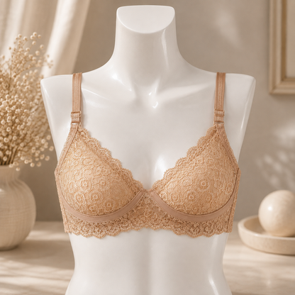 Nude Beige Floral Lace Bra – Elegant Non-Padded Design