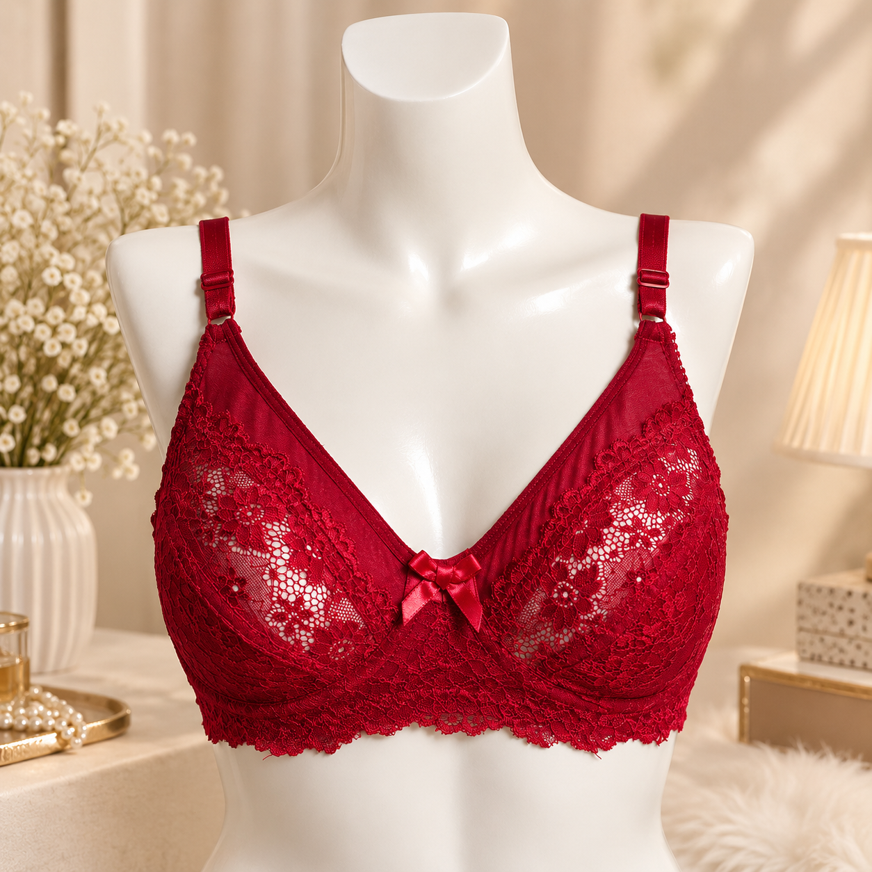 Red Floral Lace Bra – Elegant Non-Padded Design