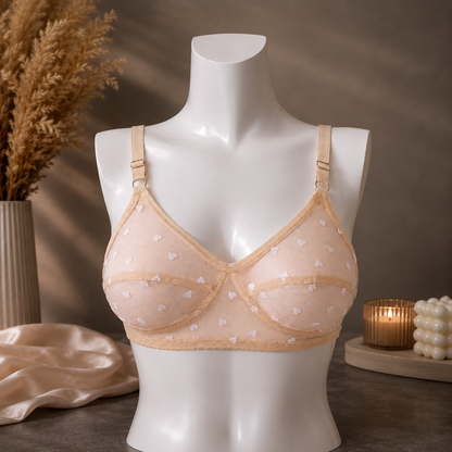 Women's Non-Padded Sheer Mesh Heart Print Bra – Soft Transparent Everyday Comfort Bra